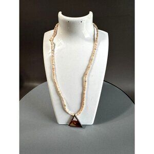 Vintage Shell Heishi Necklace Triangle Inlay Pendant 17 Inch Natural Materials